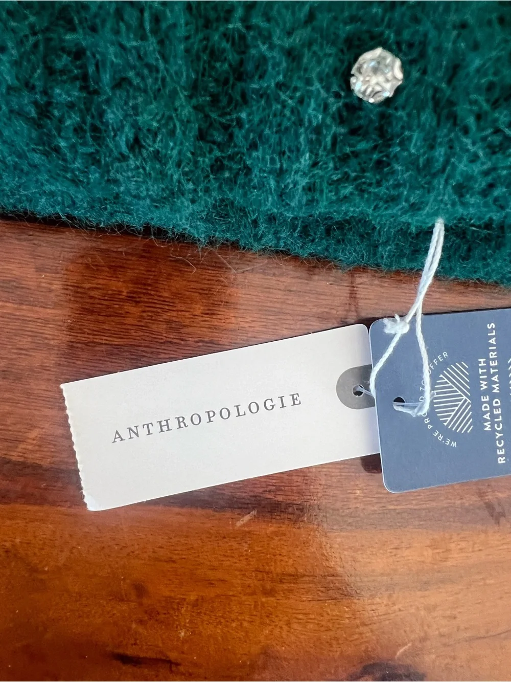 Anthropologie Teal Fuzzy Knit Beanie with Rhinestone Accent